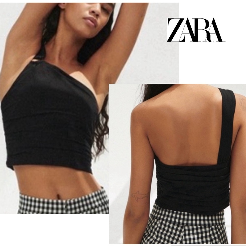 Zara black asymmetrical one shoulder buckle crop top Sz S NWOT new without tag